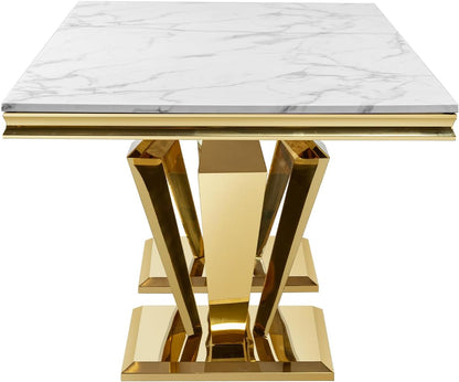 Modern Dining Table 66.9" Dining Room Table with Shiny Gold Stainless Steel Legs & Marble Grain Top for Kitchen,Dining Room,Rectangular