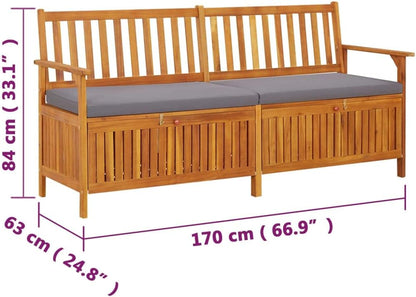 Storage Bench with Cushion 66.9" Solid Acacia Wood Outdoor Bench Seat Durable Patio Furniture for Garden Porch Front Porch Furniture