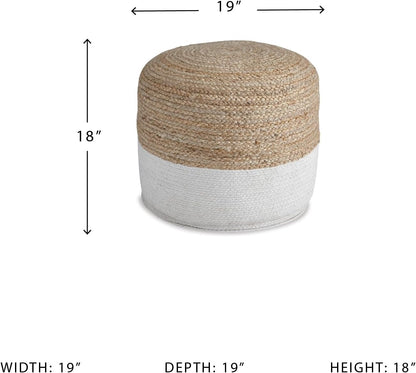 Signature Design by Ashley Sweed Valley Jute & Cotton Pouf, 19 x 19 Inches, Beige & White