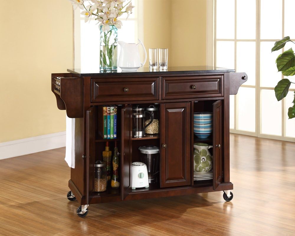 Crosley Furniture Full Size Granite Top Rolling Kitchen Island Storage Cart, Microwave Stand, Spice Rack, Mahogany