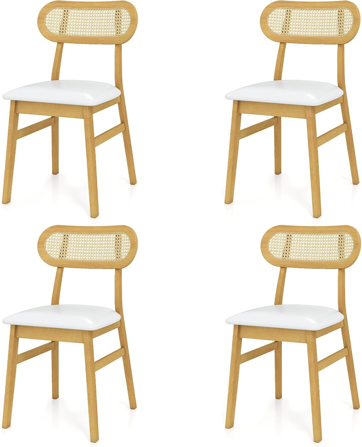 GOFLAME Wooden Dining Chairs Set of 4, Mid-Century Modern Kitchen Chairs with Upholstered Seat & Rattan Backrest, Faux Leather Cover, Armless Side Chairs for Dining Room, Restaurant, White