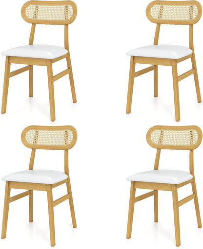 GOFLAME Wooden Dining Chairs Set of 4, Mid-Century Modern Kitchen Chairs with Upholstered Seat & Rattan Backrest, Faux Leather Cover, Armless Side Chairs for Dining Room, Restaurant, White
