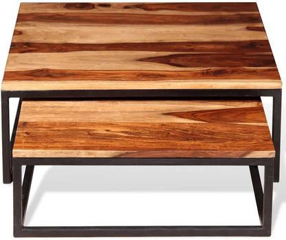 2 Piece Nesting Coffee Table Set Solid Acacia Wood | Retro Industrial Style, Metal Frame, Space Saving, for Living Room Bedroom