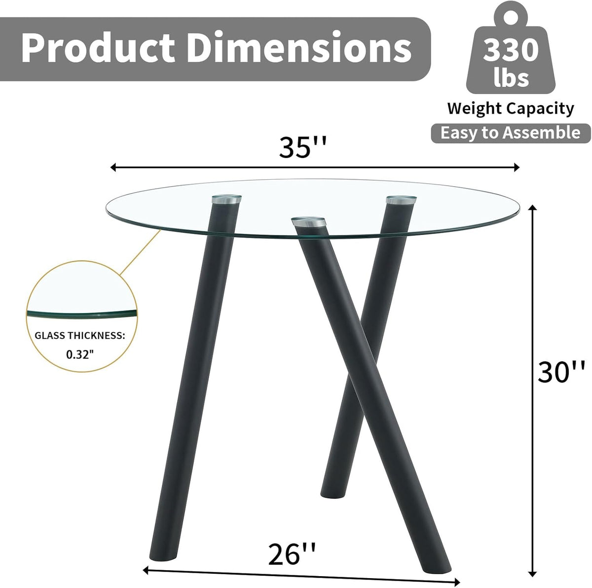 35" Round Dining Table for 4, Modern Round Glass Dining Table with Metal Legs, Round Kitchen Table for Dining Room Home Office Small Spaces