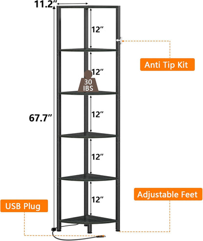 Furnulem 6 Tier Corner Shelf with LED Light, 67.5" Black Narrow Bookshelf | Tall Standing Shelf Organizer, Storage Rack for Wall Corner, Living Room, Bedroom, Metal Frame, Wood Display Shelf