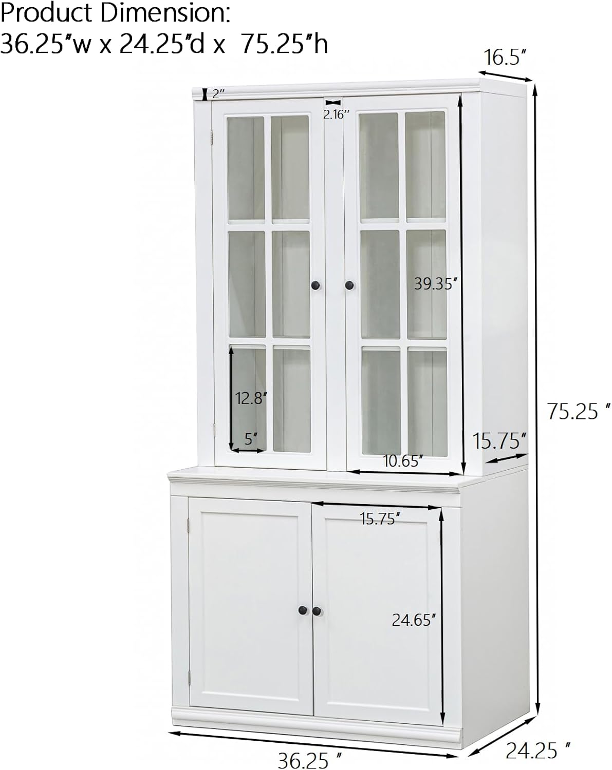 roomfitters 75.25'' Pantry Cabinet with Glass Door, Farmhouse Hutch Display Cabinet with Storage for Kitchen and Living Room, White