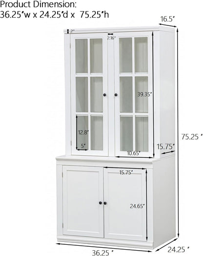 roomfitters 75.25'' Pantry Cabinet with Glass Door, Farmhouse Hutch Display Cabinet with Storage for Kitchen and Living Room, White