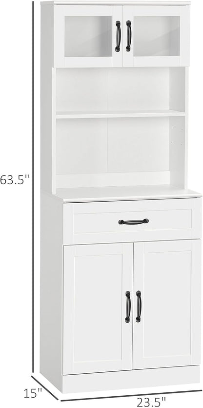 63.5in Timeless Classic 4-Door White Freestanding Buffet Cabinet with Hutch Adjustable Shelves & Coffee Bar Modern Design