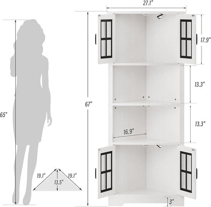 Corner Cabinet with Glass Doors and LED Lights, 67" Tall Corner Pantry Cabinet, Modern Farmhouse Corner Cabinet Organizer for Bathroom Kitchen Living Room, White