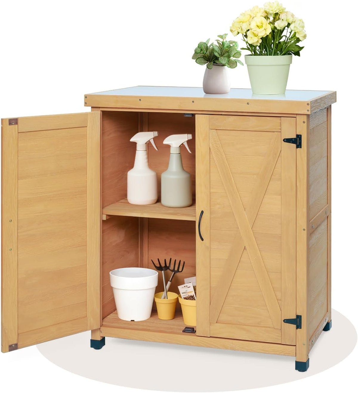 31" Weatherproof Small Storage Cabinet, Storage Cabinets with Sturdy X-Shape Design, Tool Cabinet with Magnetic Door for Patio and Garage, Light Brown