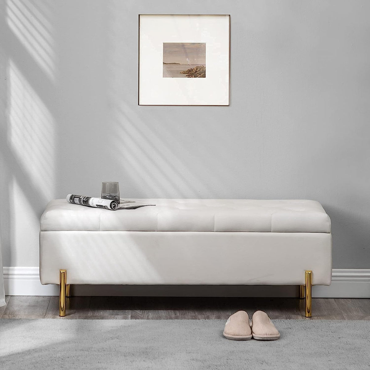 45.6 Inch Velvet Storage Bench Upholstered Tufted Settee Ottoman Bench with Storage, Bed End Bench with Soft Close Lid, for Bedroom, Living Room, Entryway, Rectangular Accent Bench, Beige