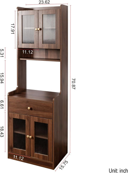 White Farmhouse Kitchen Pantry Hutch Storage Cabinet, 23.62"x15.75"x70.87" Freestanding Buffet Sideboard with Microwave Stand & Drawer, Storage Cabinet for Kitchen Living Room Floor Storage