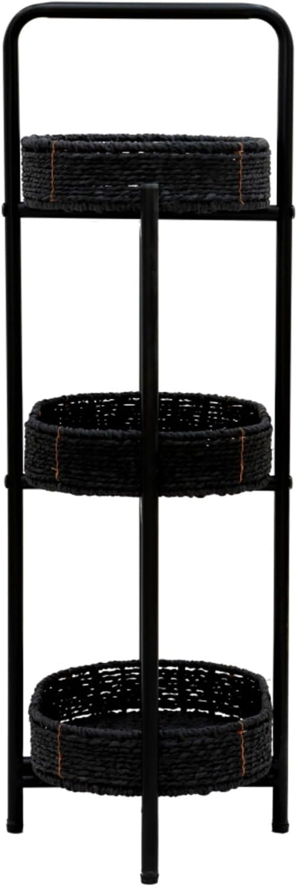 3 Tier Handwoven Oval Side Table Storage Basket with Detachable Trays | Woven Paper Rope Organizer for Living Room Bedroom Kitchen | Sturdy Metal Frame Tiered Shelf for Home Decor (Black)