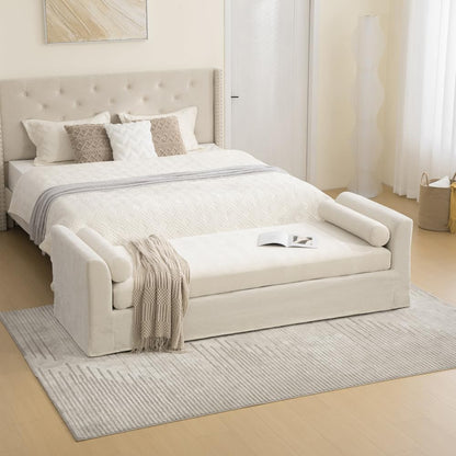 88.58" Chenille End of Bed Bench Chaise Lounge, Upholstered Bedroom Bench with Armrests & Bolster Pillows, PVC Legs for Living Room Entryway Apartment Dorm (88.58", Beige)
