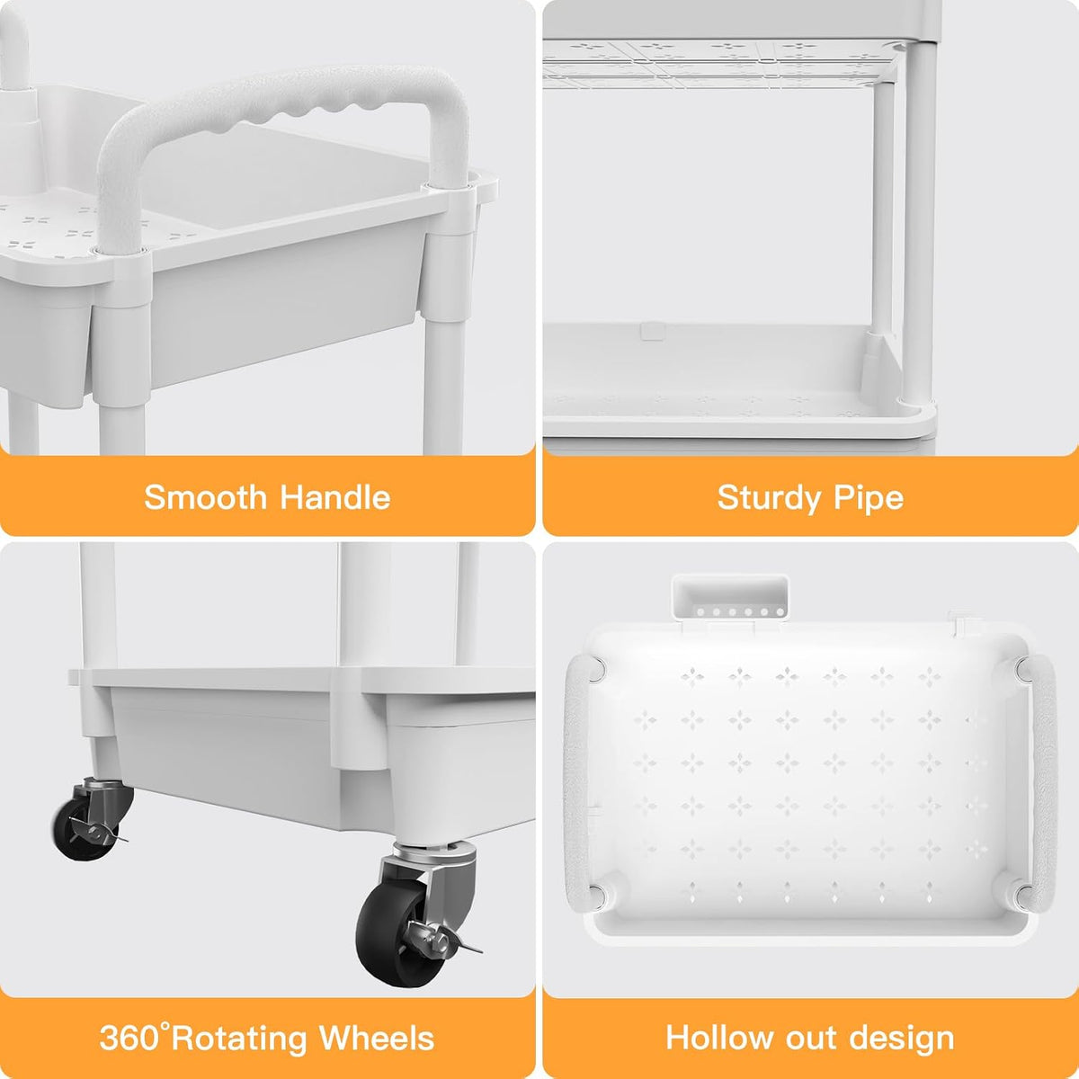 3 Tier Rolling Utility Cart with Handle,REBECAT Utility Cart Made of Multifunctional Storage Organizer Tool for Kitchen,Bathroom,Living Room,Office(White)