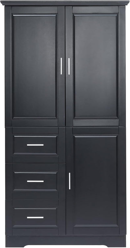 Merax 62.2" Pantry Cabinet with Three Doors & Three Drawers, Adjustable Shelves Storage Cupboard for Kitchen/Dining Room/Bathroom, Black