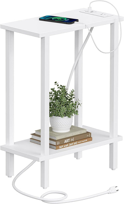 TUTOTAK Small End Table with Charging Station, Narrow Side Table with USB Ports and Outlets, Skinny Sofa Table, Slim Nightstand, Living Room, Bed Room, White TB01BW060