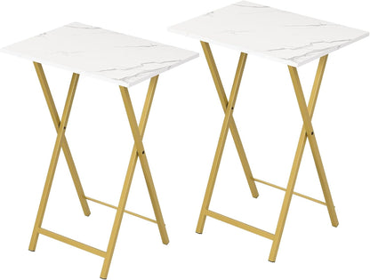 HOOBRO Folding TV Tray Tables, Set of 2 Side Table for Small Space, Industrial Snack Tables for Eating at Couch, Stable Metal Frame, Easy Assembly, Space Saving, Marble and Gold DM25BZ01