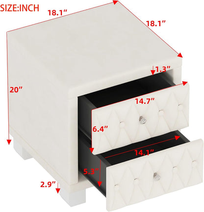 Elegant Velvet Nightstand with 2 Drawers and Crystal Handle, Storage Bedside Table with Button-Tufted,for Small Spaces