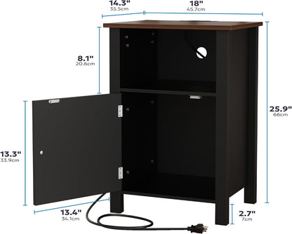 Furnify Nightstand with Charging Station, Night Stand Set of 2, Black | Farmhouse Rustic Night Stand with USB Ports & Open Storage Shelf, Modern Bedside Table with Door, Small End Table for Bedroom
