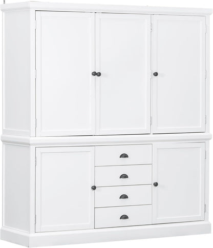 VilroCaz Freestanding Large Kitchen Pantry, Wooden Kitchen Organizers and Storage Kitchen Cabinet with 4 Drawers, Cupboard, 5 Doors, Adjustable Shelves for Dining Room (White-3.15)