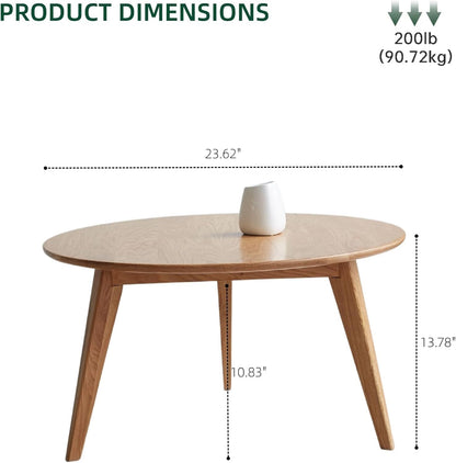 100% Solid Oak Wood Mini Coffee Table, Round Cofffe Tables Side Table w/Solid Wood Legs, Walnut Mid Century Table for Bedroom Balcony Living Room (23.62" D x 13.78" H)