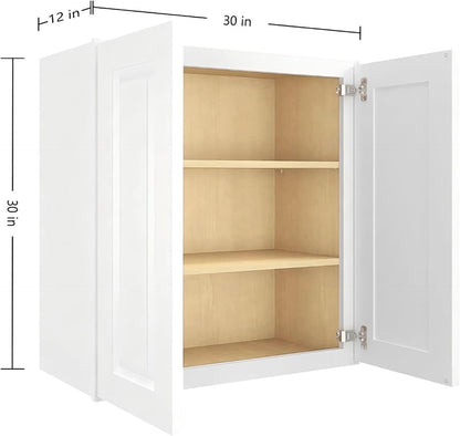 30" W x 30" H x 12" D Kitchen Wall Cabinet, White Shaker RTA Double Door Hanging Storage with Soft Close Hinges, Premium HDF & Plywood Built-in Cabinetry for Laundry Room, Bathroom & Pantry