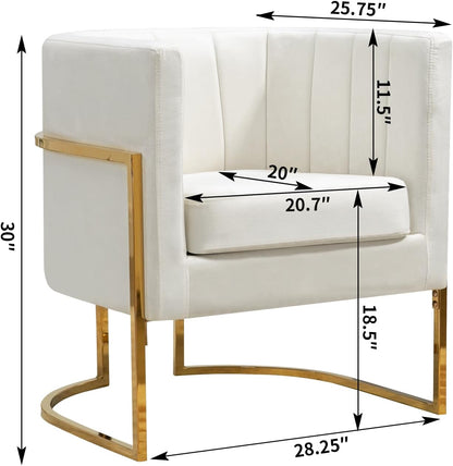 Velvet Accent Chairs Set of 2, Mid Century Modern Upholstered Barrel Armchair with Pillow for Living Room, Comfy Single Club Chair with Metal Gold Legs for Bedroom, White
