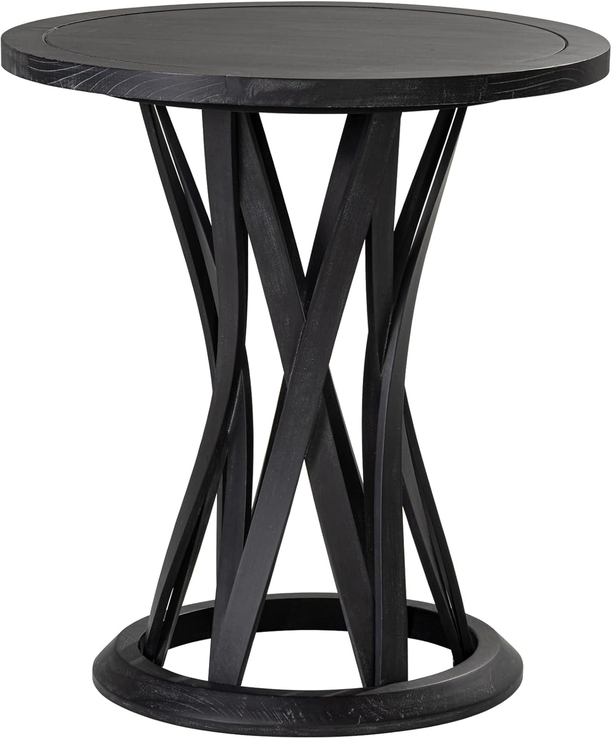 COZAYH Round Farmhouse End Table with Crisscross Pedestal Base, Distressed Finish Side Table Rustic Accent Table for Living Room, Pine Wood, Black