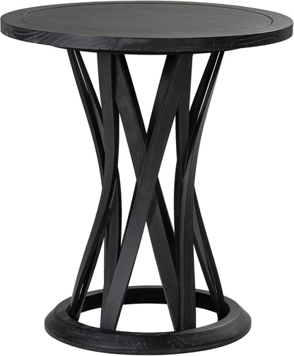 COZAYH Round Farmhouse End Table with Crisscross Pedestal Base, Distressed Finish Side Table Rustic Accent Table for Living Room, Pine Wood, Black