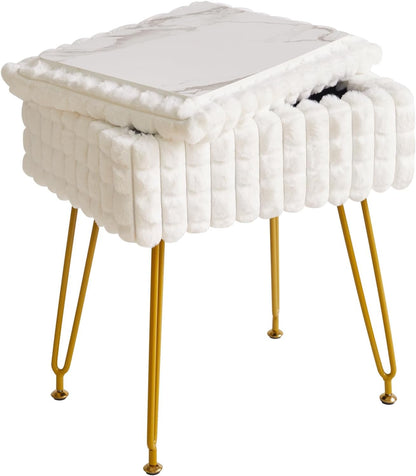 IBUYKE Rectangle Vanity Chair Ottoman, Footrest Stool, White WBD004W | Storage Space Footstool Vanity Stool Dressing Table Chair Anti-Slip Feet Makeup Room Bedroom Square Grid Pattern