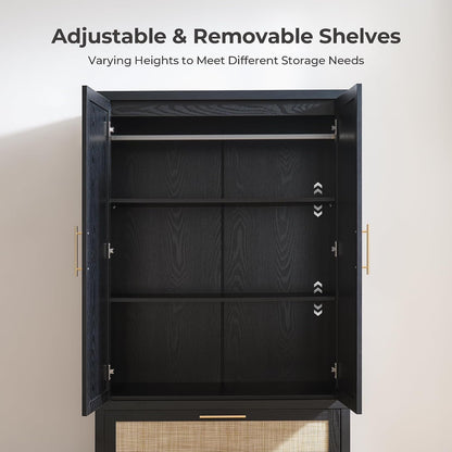 SICOTAS Rattan Armoire Wardrobe Closet, 71 inch Boho Wardrobe with Drawers | Farmhouse Storage Cabinet Armoire with Hanging Rod, Large-Capacity Deep Armoire Clothes Organizer for Bedroom, Cloak Room