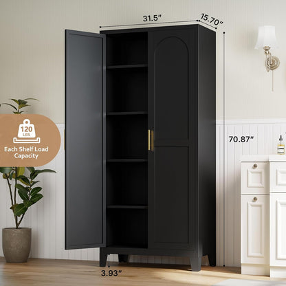 Zevemomo 70.87" H Metal Kitchen Pantry Cabinet, Freestanding Cupboard with 2 Doors and 4 Adjustable Shelves, Tall Metal Storage Cabinet for Kitchen, Bathroom, Dinning Room or Laundry Room （Black）