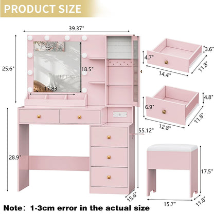Vanity Desk with Mirror and Lights, Makeup Vanity Table Set with 5 Storage Drawers, Power Outlet & Chair, Small Dressing Table with RGB Ambient Light, Adjustable Brightness for Girls Bedroom, Pink
