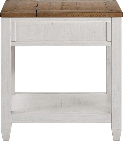 Martin Svensson Home Napa Farmhouse Chairside End Table with Charging Station, Solid Wood Narrow Side Table with Drawer & Shelf, Rustic Accent Table for Living Room or Bedroom. White and Natural.