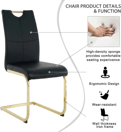FT Global Modern PU Leather Dining Chair Set of 6, Upholstered Black Chairs with Gold Metal Legs, Kitchen and Dining Room Furniture