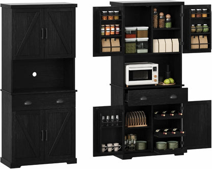 ChooChoo 72" Pantry Cabinet with Storage Drawers, Farmhouse Kitchen Hutch Bar Cabinet with Microwave Stand, Kitchen Cupboard with Door Shelves for Dining Room, Living Room, Black