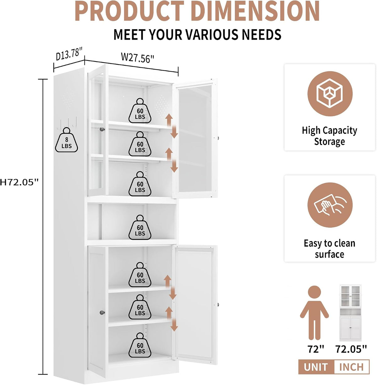Havemies Modern White Metal Pantry Cabinet - 72" Freestanding Multifunctional Storage for Decluttering Kitchen, Pantry, Bathroom & Laundry Room