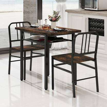 GOFLAME 3-Piece Dining Table Set for 2, Wooden Rectangular Kitchen Table and 2 Chairs with Storage Rack and Metal Frame, Space-Saving Dinette Set for Dining Room, Apartment, Small Space, Rustic Brown