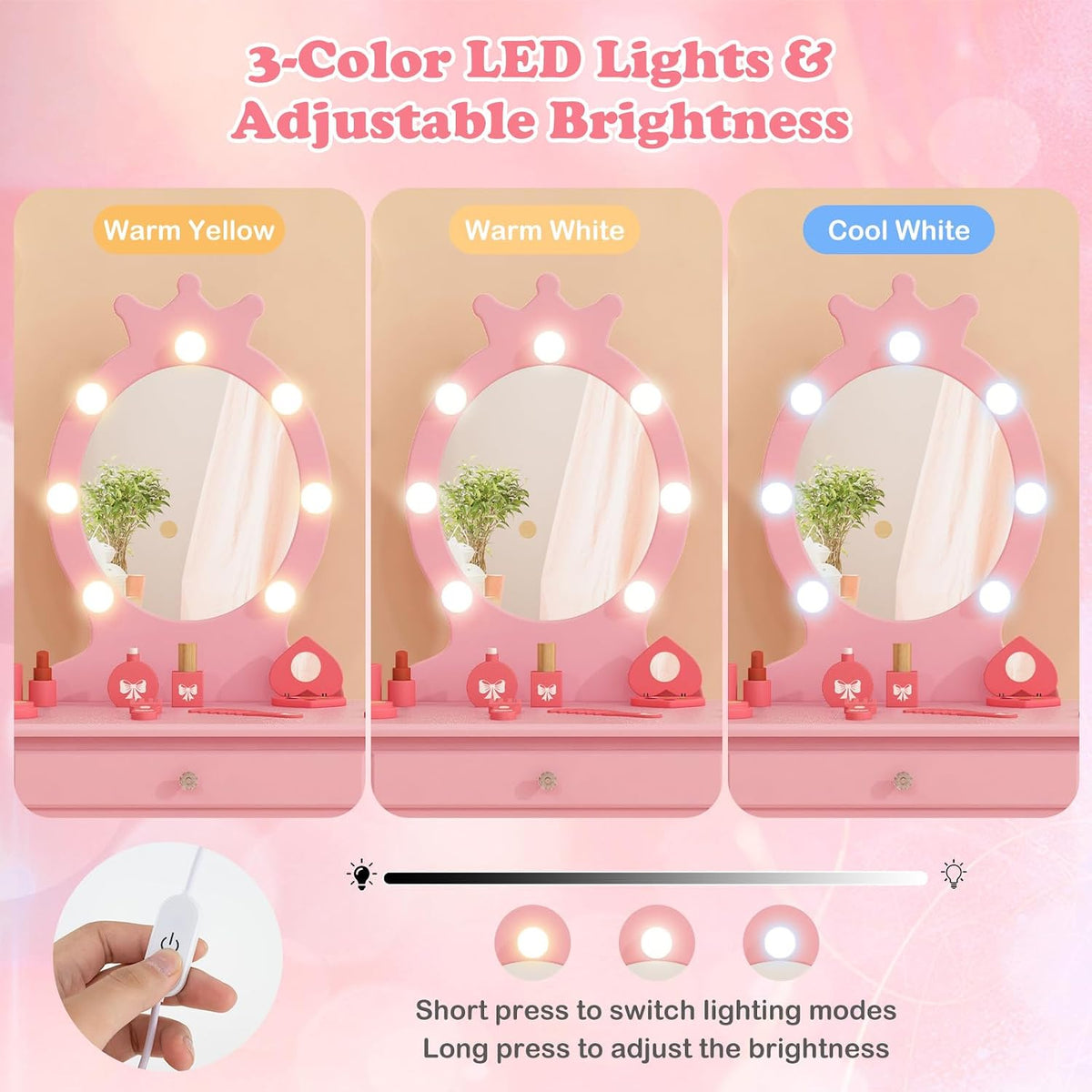 HONEY JOY Kids Vanity with Lights, Princess Wooden Makeup Table & Stool with Drawer, 3-Color LED Lights, Toddler Dressing Vanity for Little Girls, Pretend Play Kids Vanity Table and Chair Set (Pink)