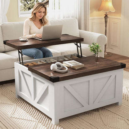 jimeimen Farmhouse Lift Top Coffee Table with Storage, Wood Square Center Table with Charging Station&USB Port, Living Room Table w/Large Hidden Space, for Living Room, Bedroom, Home Office, White