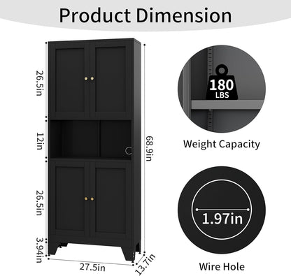 68.9'' Black Metal Kitchen Pantry Cabinet with Doors and Adjustable Shelves, Hutch Cabinet with Microwave Storage, Kitchen cabine can Also be Used in the Living Room.Bathroom, Home
