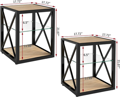 Modern End Table Set of 2 for Living Room 17.7" Bedroom Nightstand, Tempered Glass Shelf & Rustic Wood MDF Top Square Side Tables 2 Pack, Industrial Natural