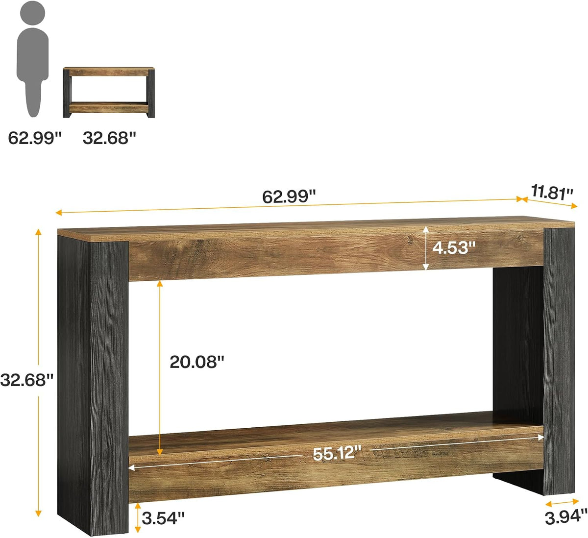 Tribesigns 63-Inch Long Console Table for Entryway, Farmhouse Wood Sofa Table Behind Couch for Living Room, Hallway, Entrance, Foyer, Rustic Brown & Black