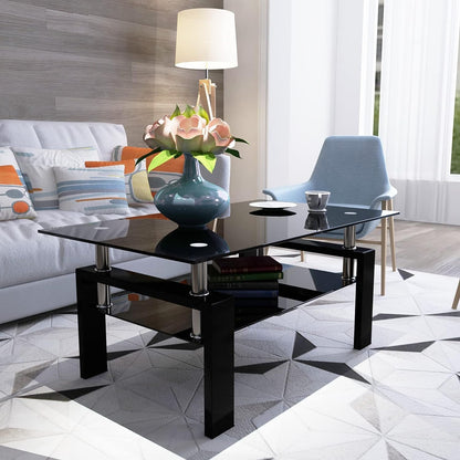 Living Room Tables Set,3 Piece Glass Coffee Table and End Tables Set with Tempered Glass Tabletop and Metal Frame for Living Room,Apartment, Small Space, Full Black