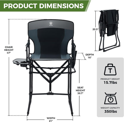 EVER ADVANCED Portable 30.7" Seat Height Tall Folding Camping Chair Directors Chair High Foldable Bar Stool with Side Table for Makeup Artist, Sports Event, Craft Show, Supports 350LBS