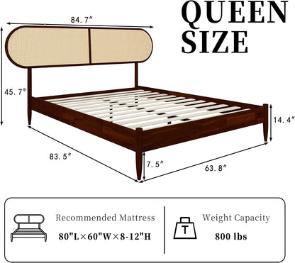 Queen Size Solid Wood Bed Frame, Rattan Boho Headboard, Dark Walnut