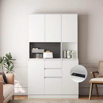 ZeHuoGe 74" Kitchen Pantry Cabinet with Charging Station,Freestanding Storage Cabinet with Drawers, Modern Pantry Cupboards with Microwave Stand for Living Room,Dinning Room (White)