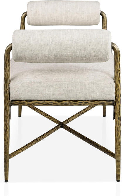 24/7 Shop at Home Lalia Upholstered 48-inch Metal Bench with Padded Roll Arms, Beige Fabric Seat, Hammered Forged Steel Frame, Modern Bedroom or Entryway, Matte Gold
