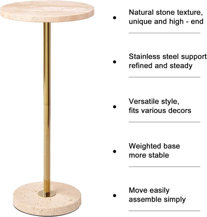 Premium Small Round Natural Marble Pedestal Side Table, End Table, Mini Drink Table with Upgraded Weighted Marble Base, for Livingroom, Bedroom, Bathroom, Balcony, Small Spaces (Beige Travertine)